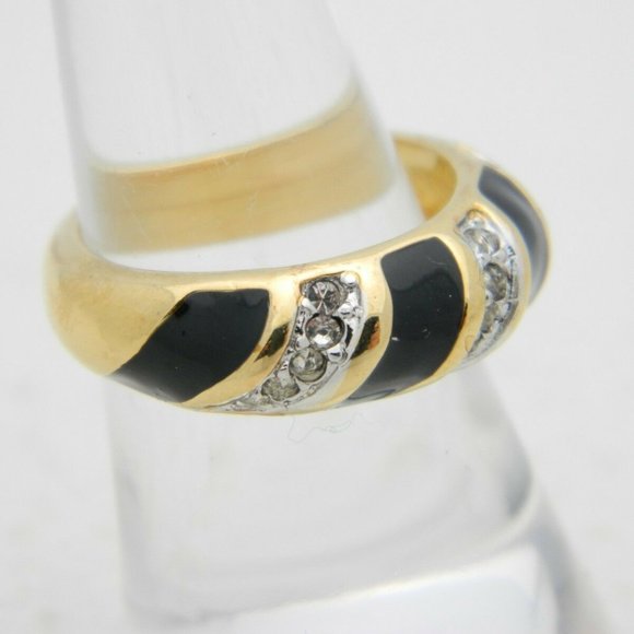 Vintage Jewelry - Gold Tone 18k HGE Clear Rhinestone Black Ring